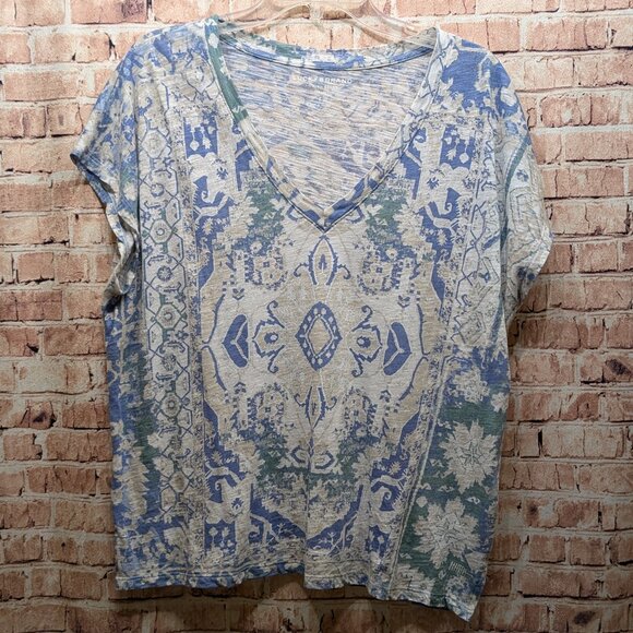 Lucky Brand Blue and Green Patterned V-Neck Top Size Large - Picture 1 of 11
